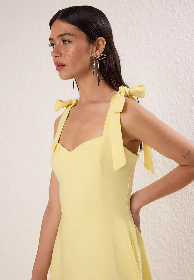 Light Yellow A Line Strap Lacing Detailing Midi Stylish Evening Dress