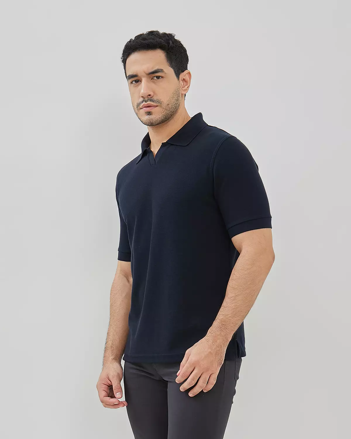 MEN'S BLUE WAFFLE V-NECK POLO SHIRT