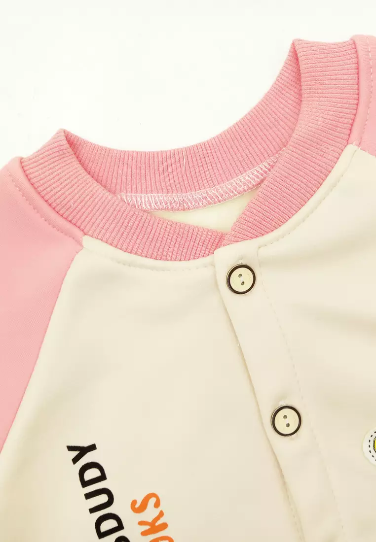 Jaket Bayi Baseball Fleece Atasan Sweater Kancing Anak Import Tebal dan Lembut Motif Love Book Cat 4407 Pink