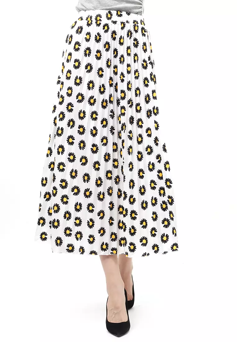 Rok Plisket Motif Print Design Vintage Rubbery Waist Bawahan Wanita - Daisy Putih