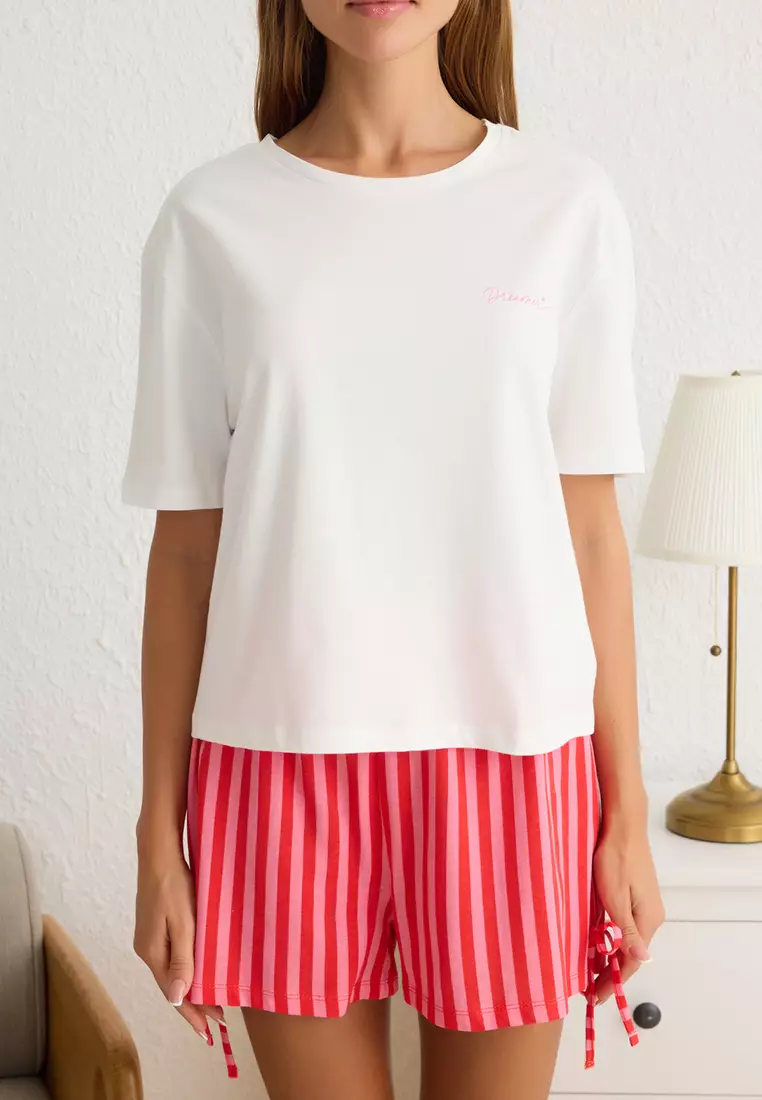 White-Pink Striped Tie Detail Knitted Pajama Set With Shorts