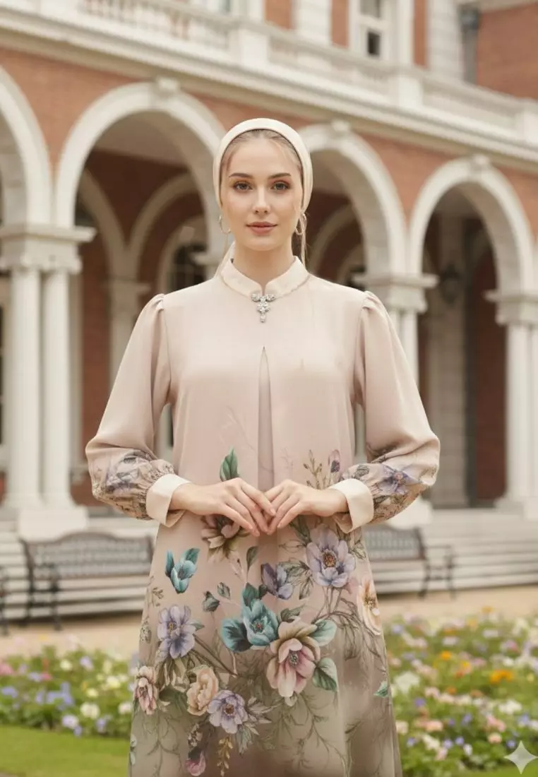 Mosleem Long Dress Floral Motif In Cream By Brilliant Girl Warna CREAM