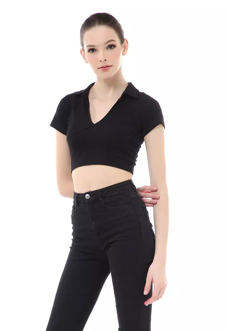 Cerise Crop Top Kaos Pendek Wanita T-Shirt Short Sleeve Plain Motive Material Cotton ORIGINAL - Black