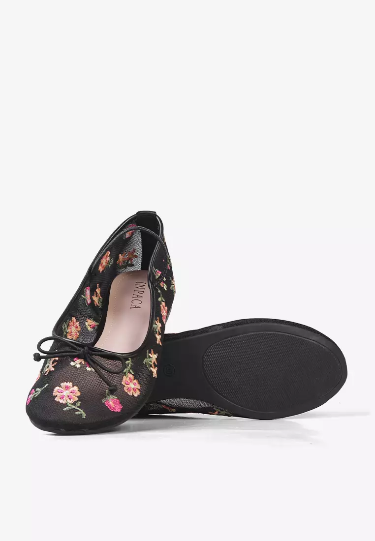 Lyla Mary Jane Mesh Flat Shoes Embroidery Flower Ballerina Black