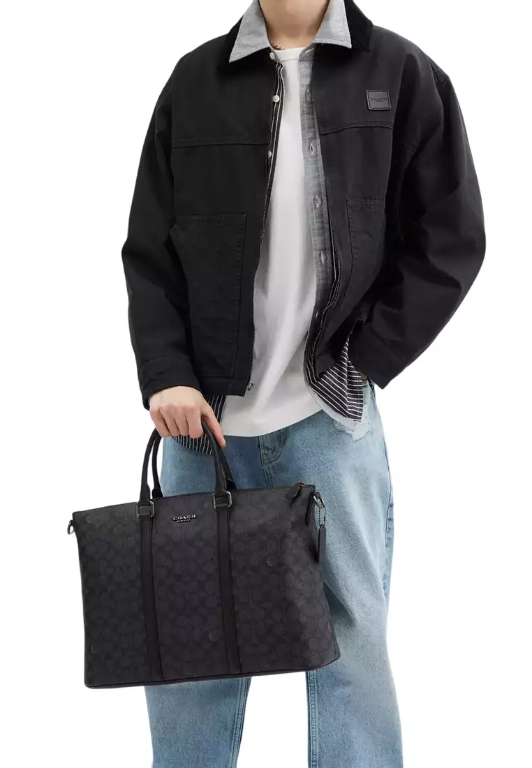 Caleb Work Bag In Signature Canvas - Charcoal/ Black CY770