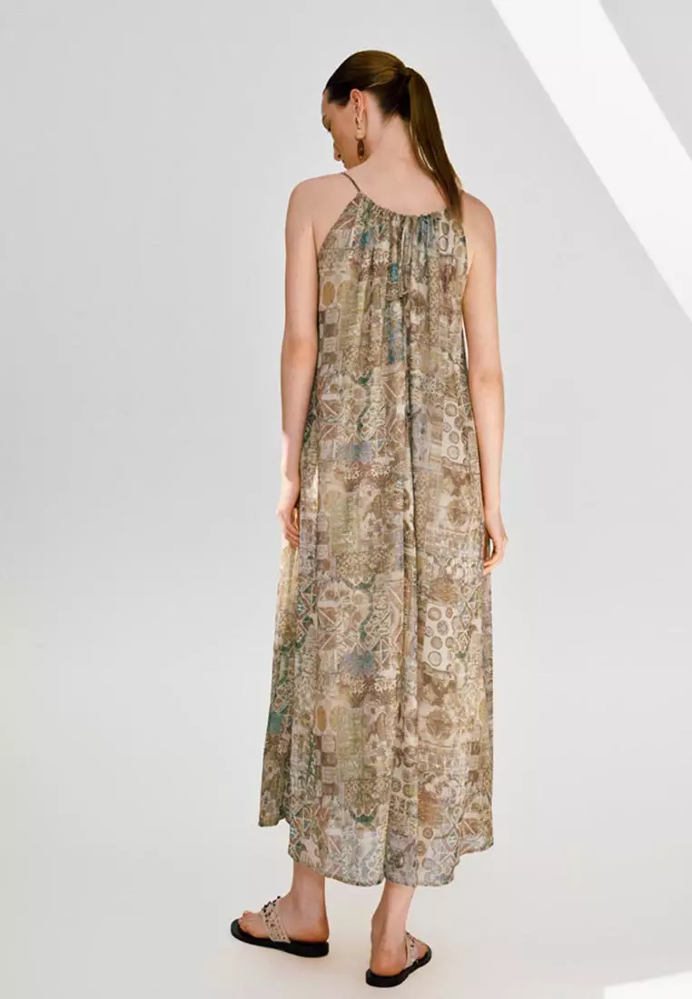 Patchwork Print Midi Dress - Strappy A-Line Slip Sundress