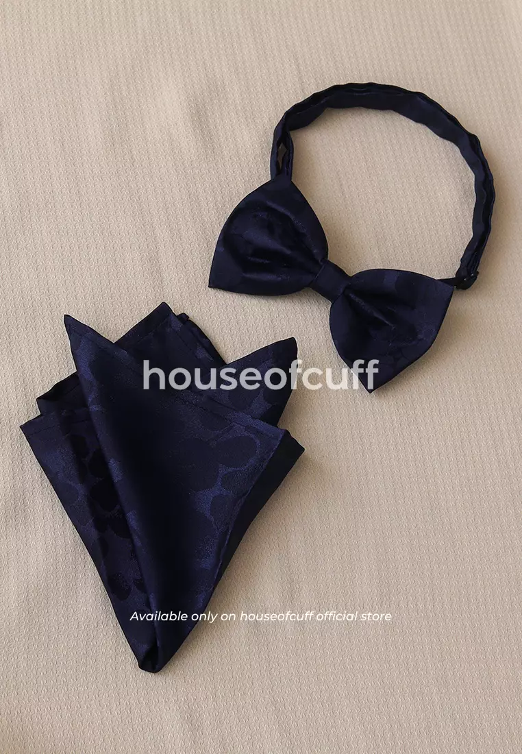 Houseofcuff dasi kupu pria bowtie pocket square jacquard navy motif