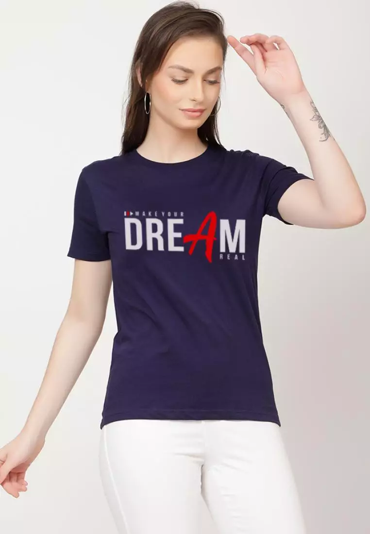 Dream Print Relaxed Short Sleeve Stylish Navy Blue Cotton Casual Graphic Print Tee/TShirt