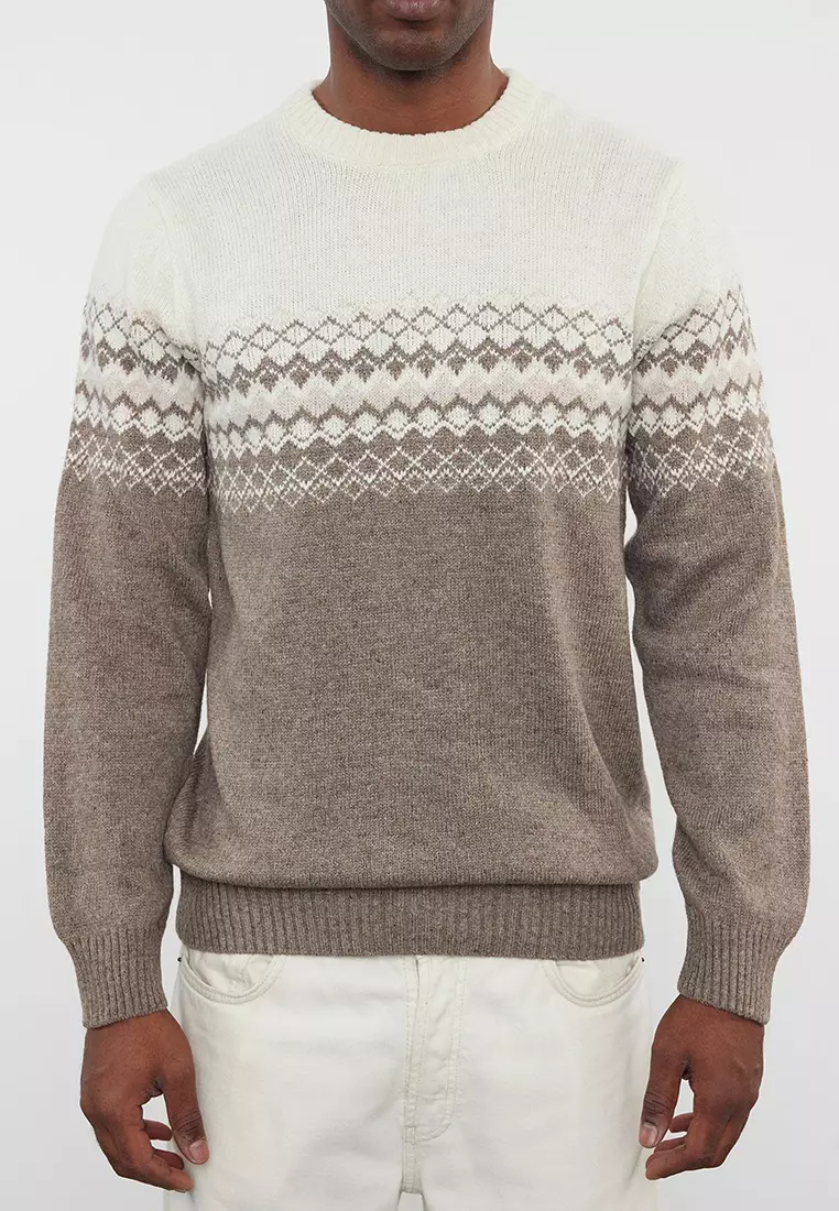 Mink Slim Wool Crew Neck Ethnic Knitwear Sweater TMNAW21KZ0738