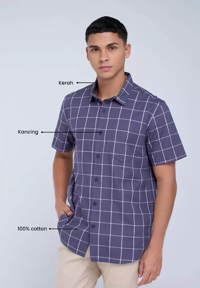 MANZONE - Kemeja Lengan Pendek Pria Olav Modern Fit - Grey Warna Grey