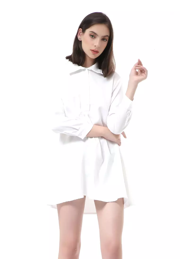 Rachel Mini Dress Wanita Model Kancing Palin Motive lengan Panjang Material Moscrepe ORIGINAL - White