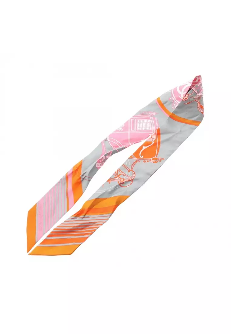 Pre-Loved Hermès twilly EX-LIBRIS ribbon scarf silk gray orange pink