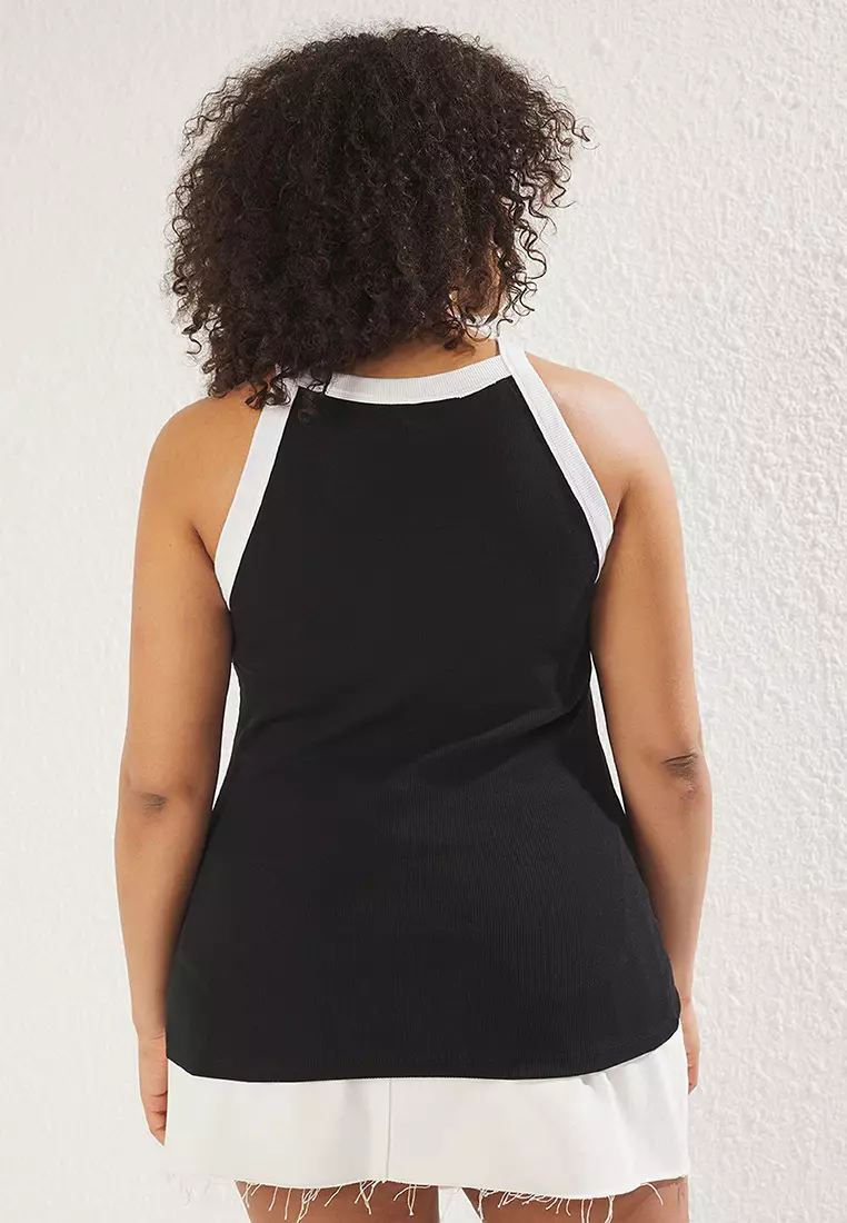 Black Halter Neck Contrast Detail Knit Big Size Athlete TBBSS25CV00004