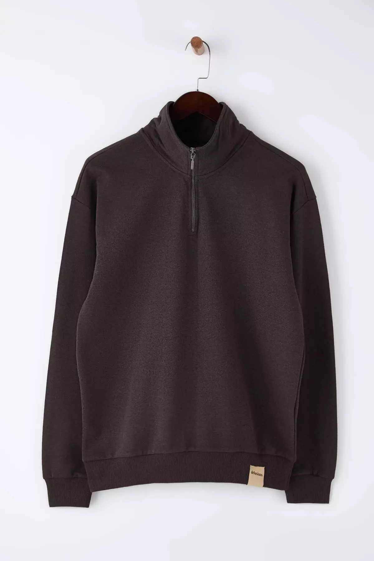 Dark Brown Oversize/Wide Stand Collar Zippered Label Fleece Inside Sweatshirt Tmnaw25Sw00168