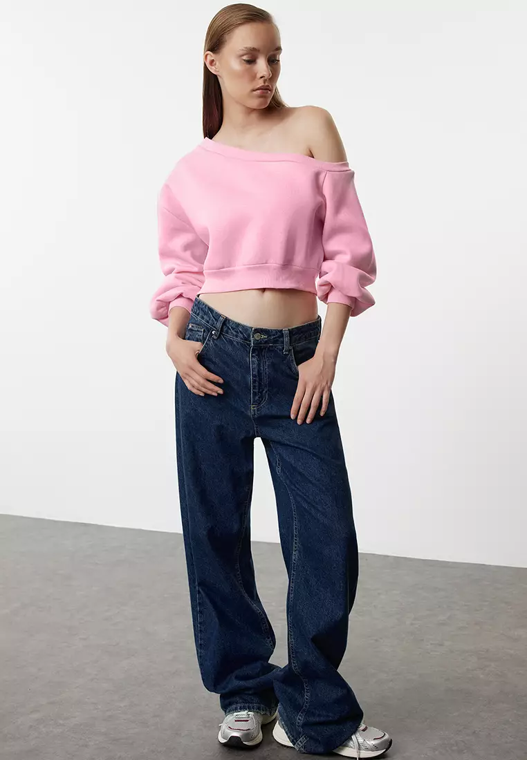 Pink Asymmetric Collar Fleece Crop Sweatshirt Thick Inside Regular Fit