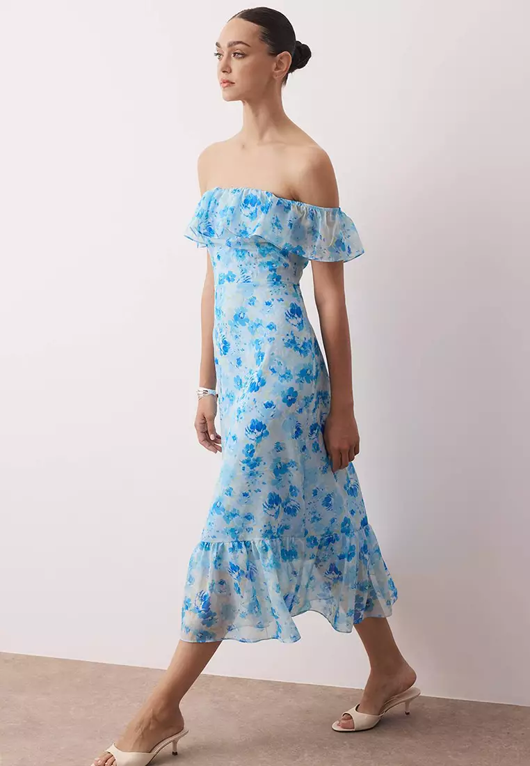 Buy Trendyol Blue Floral Skirt Waist Opening Ruffle Chiffon Flight ...