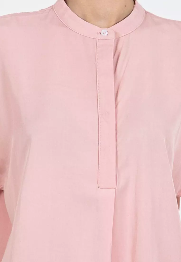 Forest Ladies Rayon Lyocell Band Collar Plain Blouse Women Short Sleeve Blouse - 822415-59LotusPink