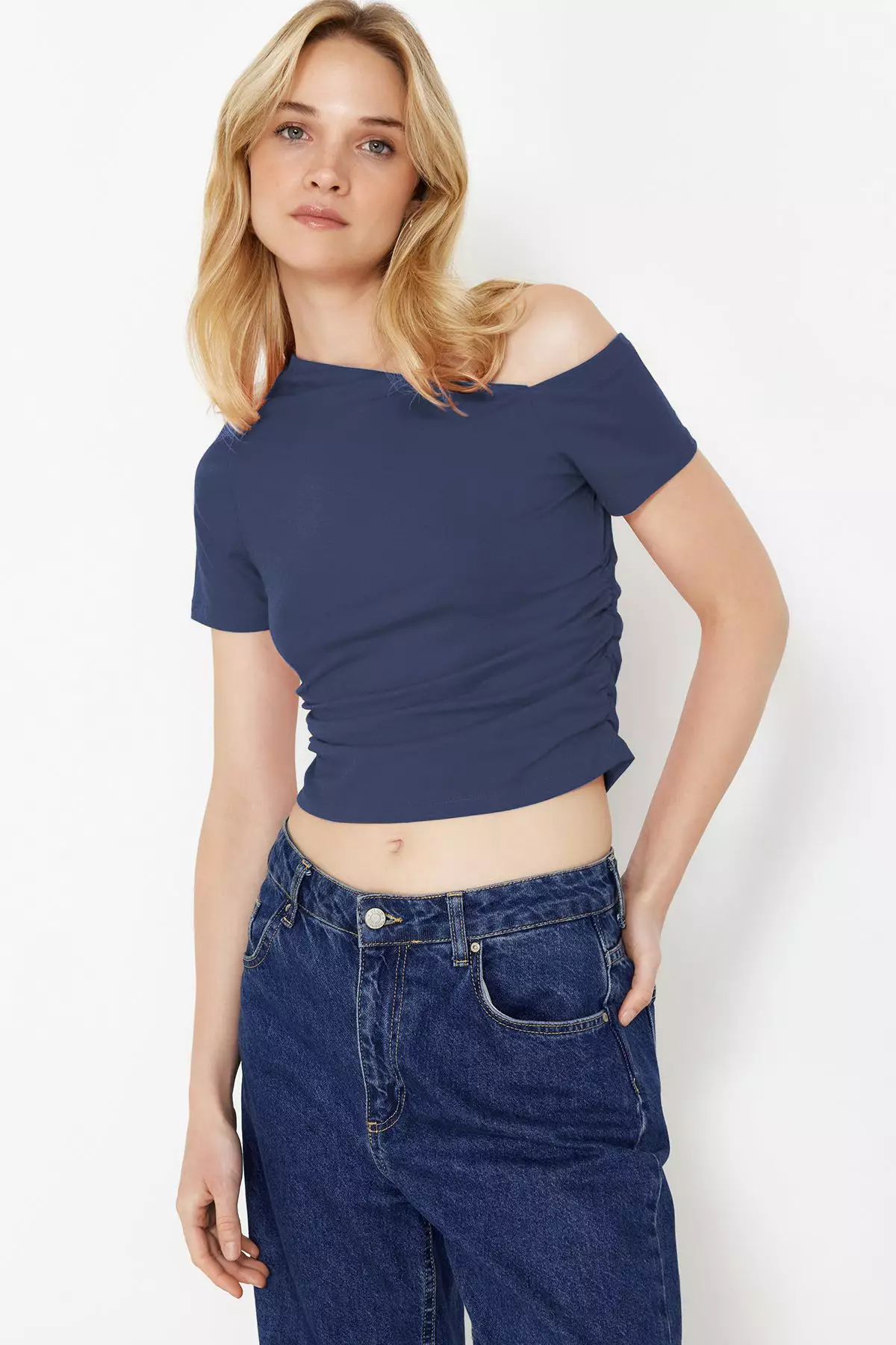 Indigo Gathered Asymmetrical Neckline Stretchy Knitted Blouse