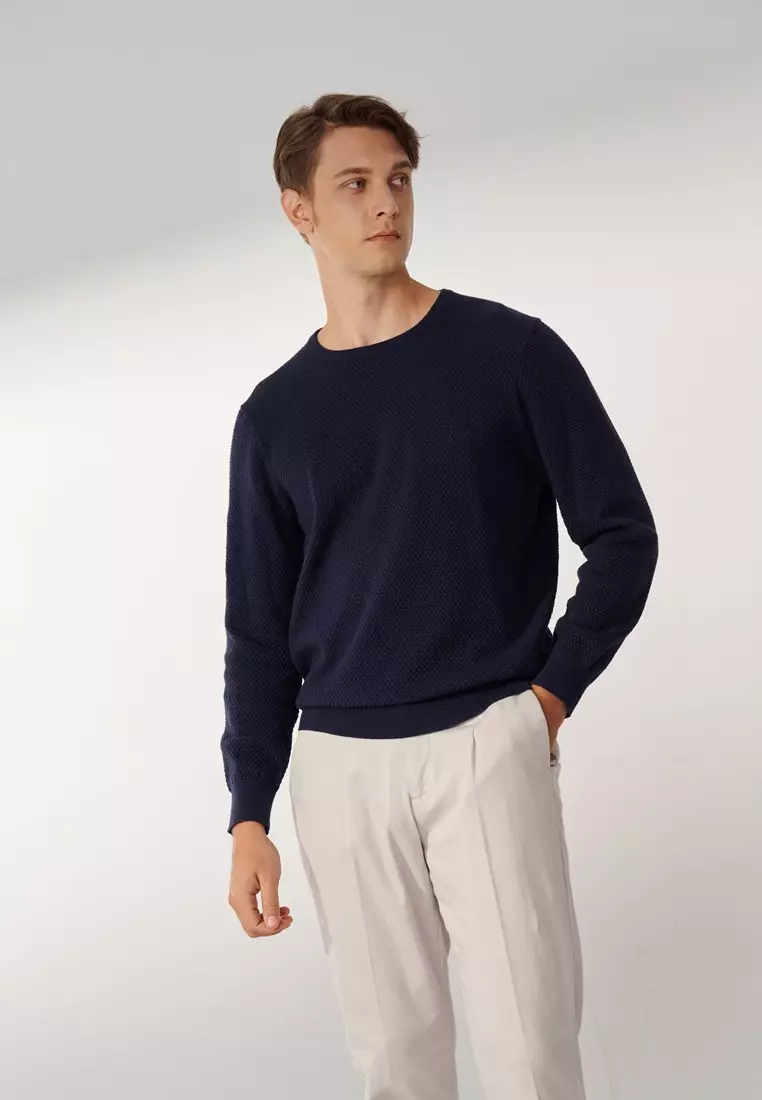Deep Sapphire Blue Pure Cotton Crew Neck Sweater