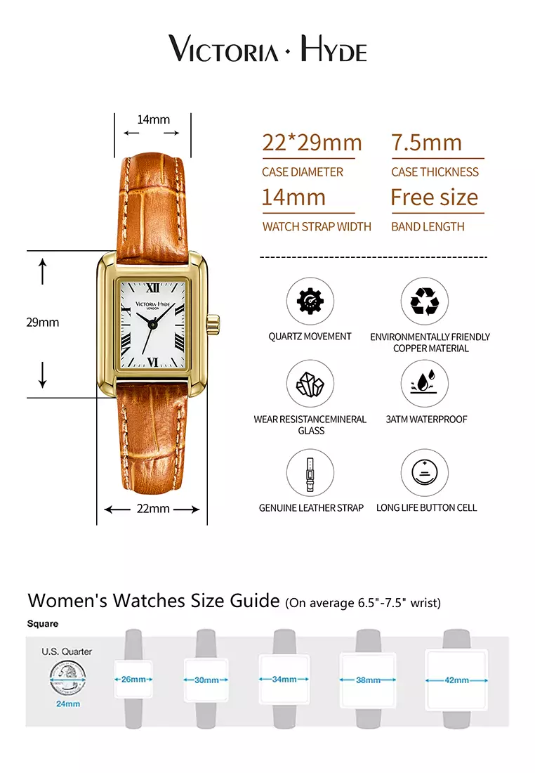 Retro 女士金色长方形手表22*29mm 簡約经典 真皮表帶 黑色指針 生活防水-金色 棕色