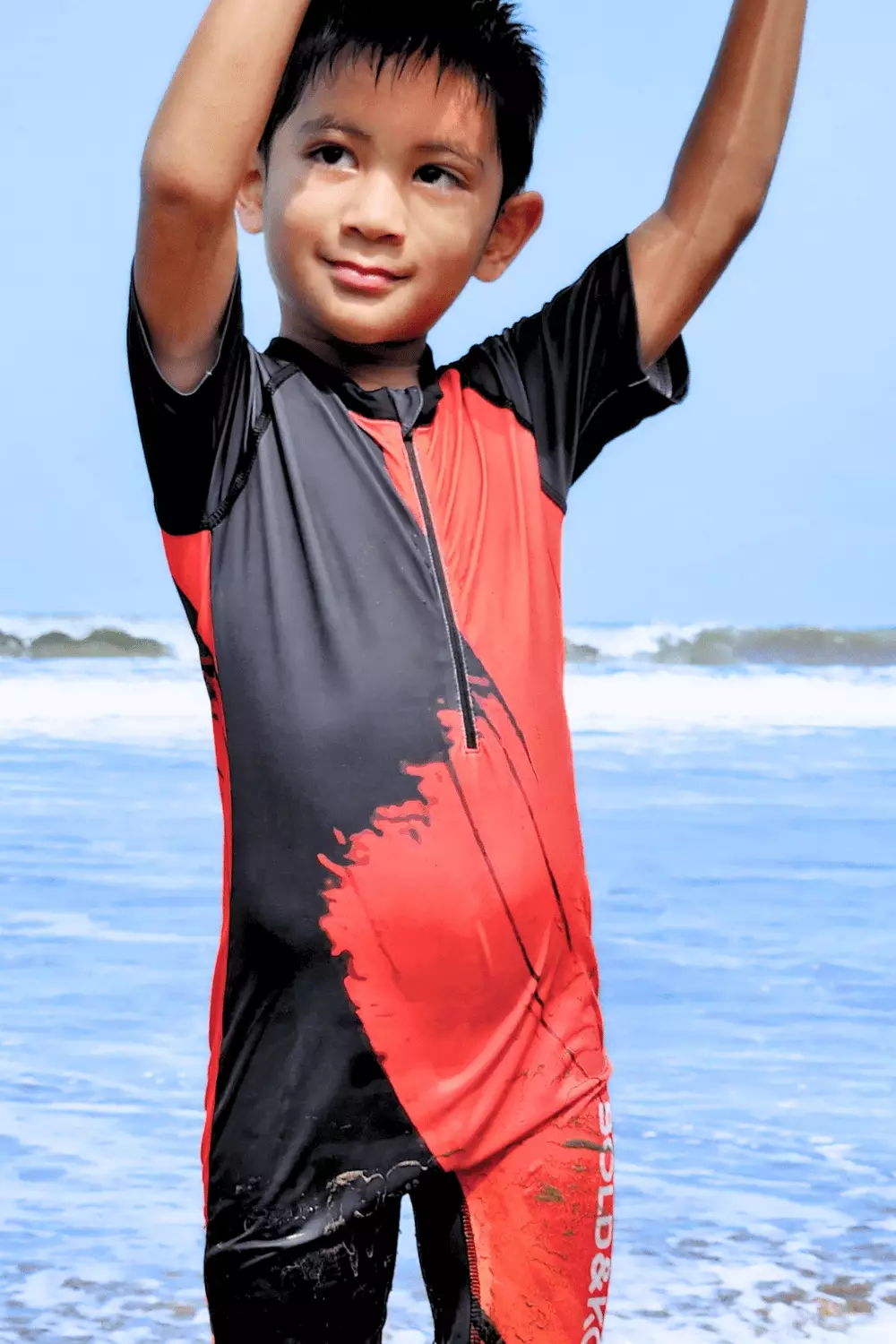 BOLD & KO Shortsleeve Rashguard Overall In Red Abstract Kids Swimsuit | Baju Renang Anak laki-laki