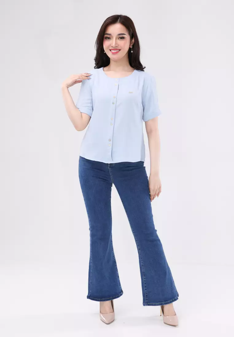 Linen Wrinkles Short Sleeves Round Neck Blouse