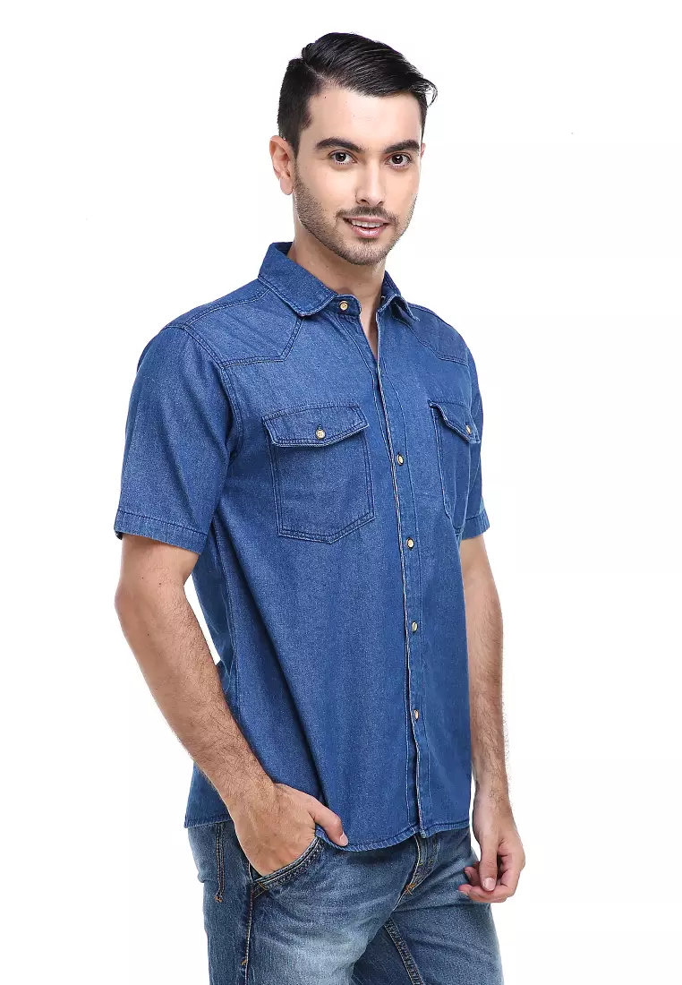 Dwan Shirt Kemeja Pria Kasual Lengan Pendek Material Jeans Premium ORIGINAL - Dark Blue