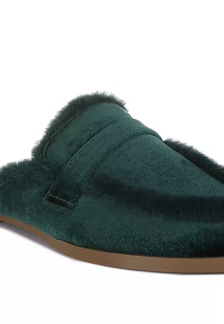 Fur Detail Velvet Slip-On Mules in Bottle Green