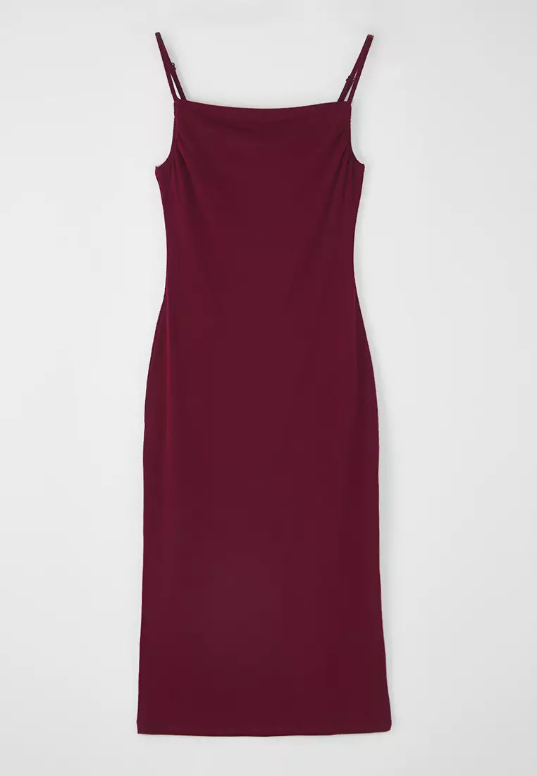 Claret Red Body-Styling Cowl Neck Midi Flexible Knitted Pencil Dress TWOSS19AD0020