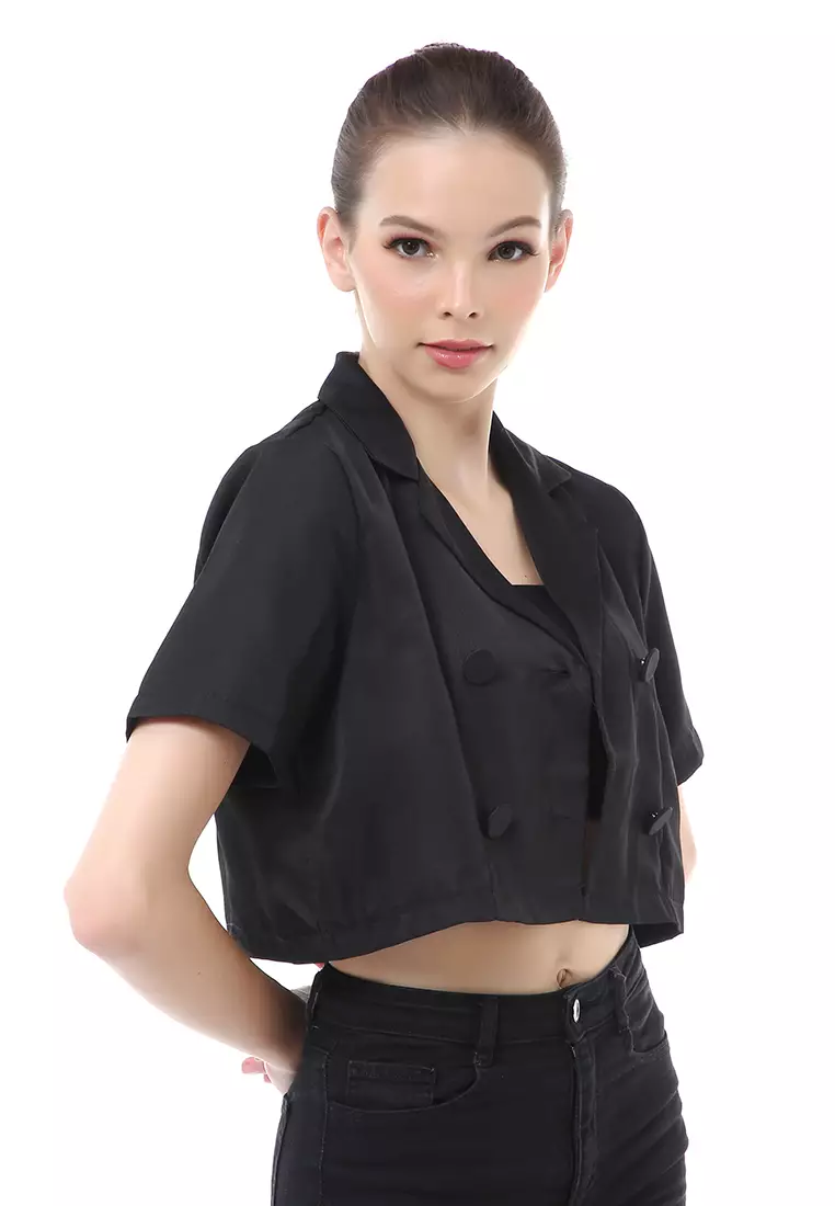 Myra Blazer Wanita Lengan Pendek Simple Design Motif Polos Material Cotton ORIGINAL - Black