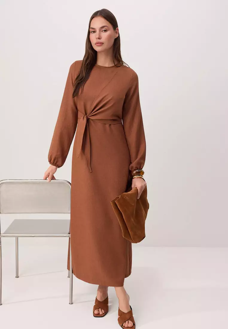 Light Brown Linen Look Woven Dress Tctss25Eb00129