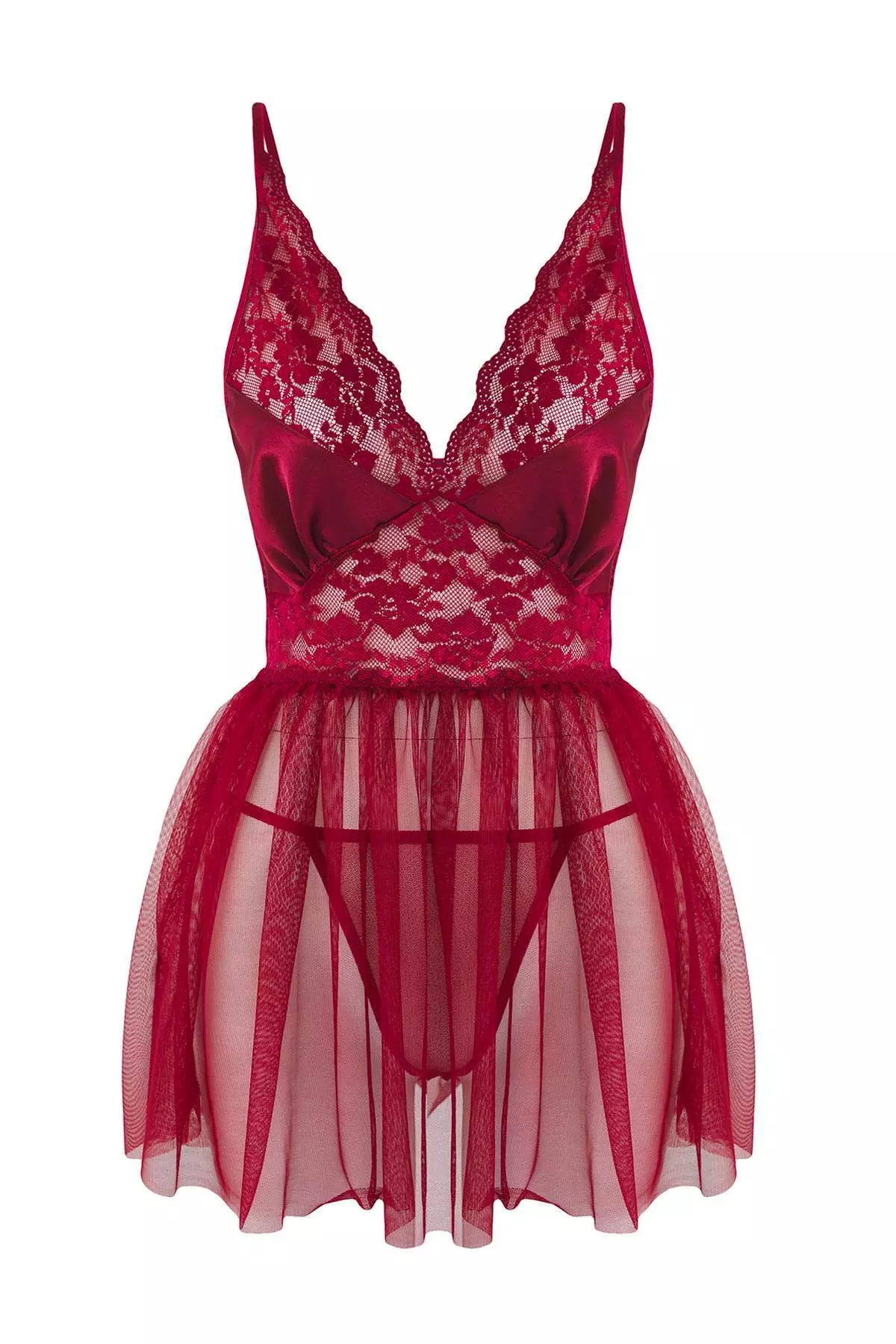 Burgundy Uncovered Lace Tulle/Mesh Suspender Pantyhose Babydoll/Fantasy Nightgown