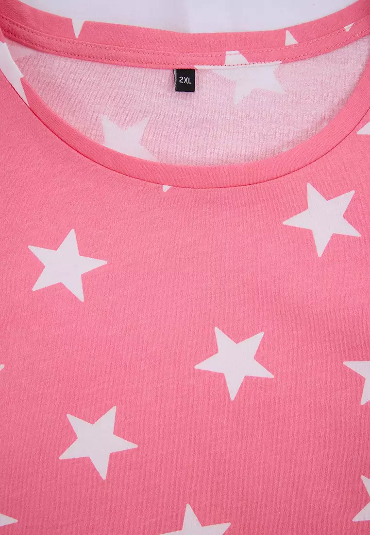 Pink Star Patterned Knitted Pajama Set With Shorts Tbbss24Ai00027