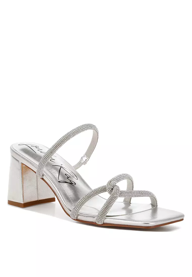 Rhinestone Block Heel Sandals in Silver