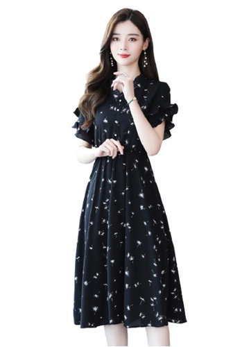 Halo black Floral Printed Chiffon Dress C4315AAE0EA3D6GS_1