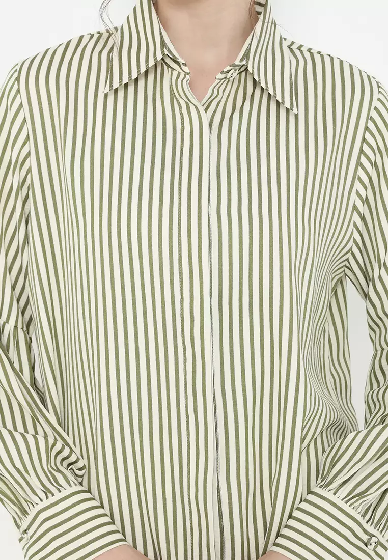 Shirt Long Sleeve Puffy Cream Striped Green Arlette By Brilliant Girl Warna Cream