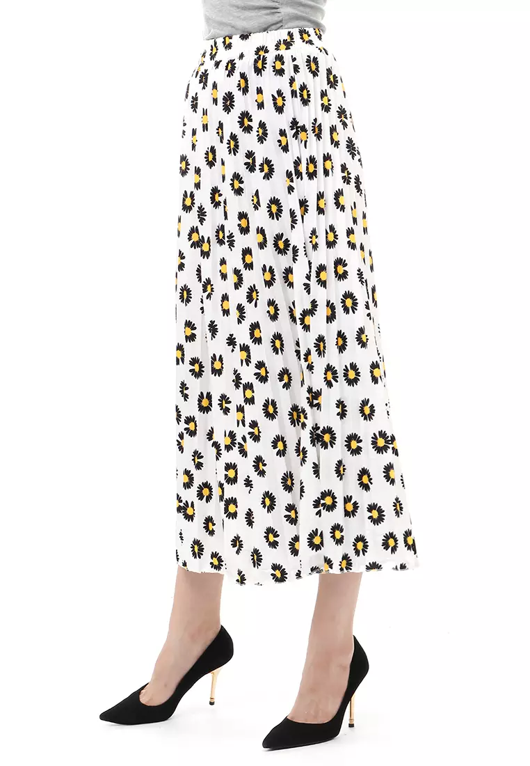 Rok Plisket Motif Print Design Vintage Rubbery Waist Bawahan Wanita - Daisy Putih