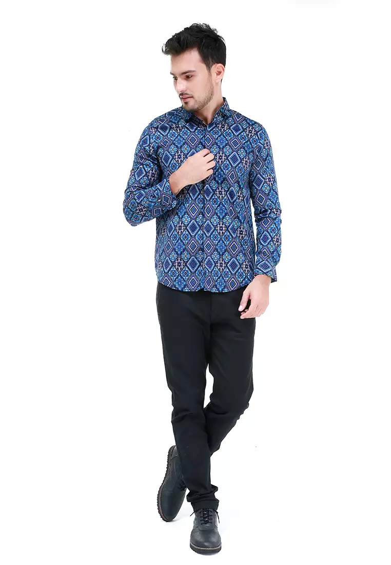 Dwan Kemeja Batik Pria Permata Atasan Formal Longsleeve Shirt Material Cotton ORIGINAL - Blue