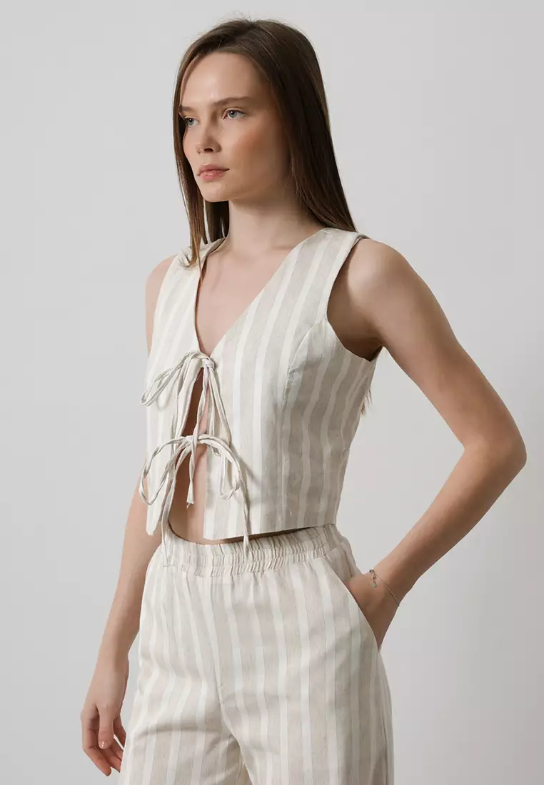 Beige Linen Look Front Tie Detail Striped V Neck Crop Woven Blouse TWOSS25BZ00159