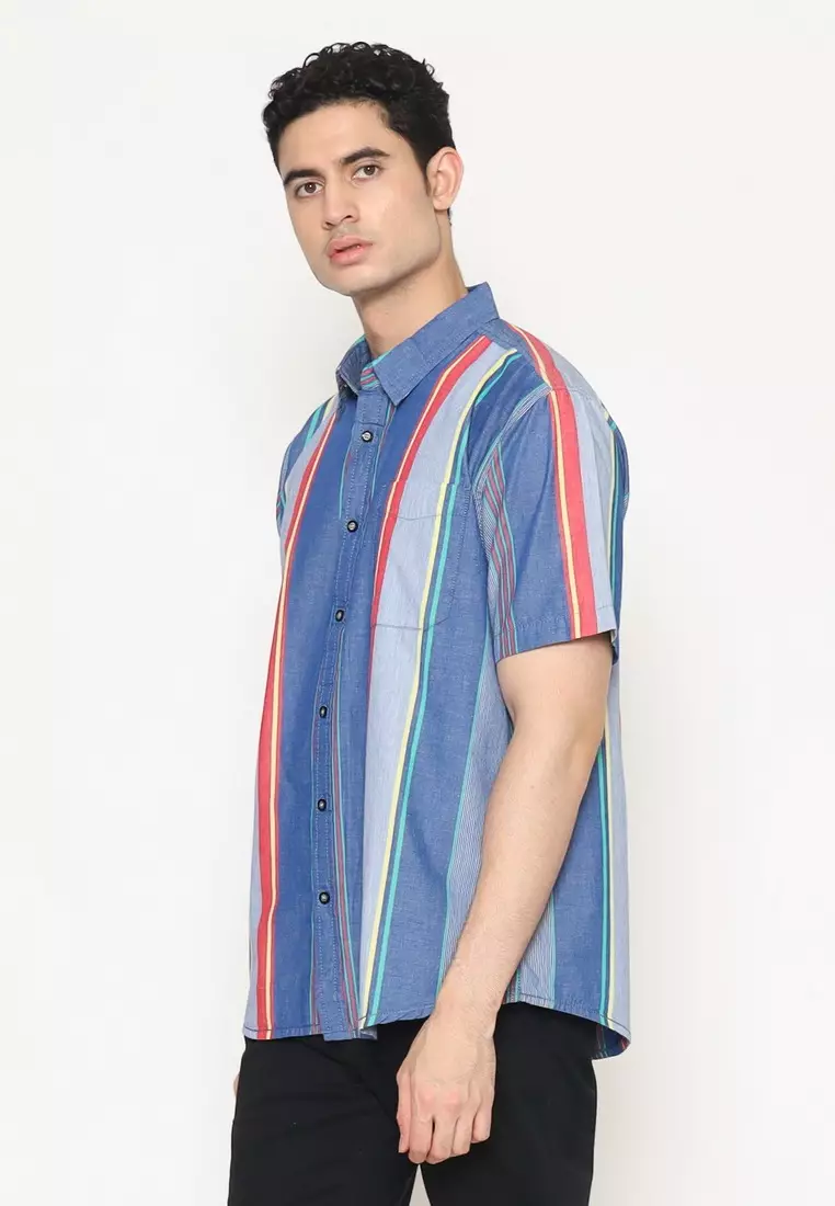 POLICE Kemeja Salur Printing Biru Regular Fit Pria