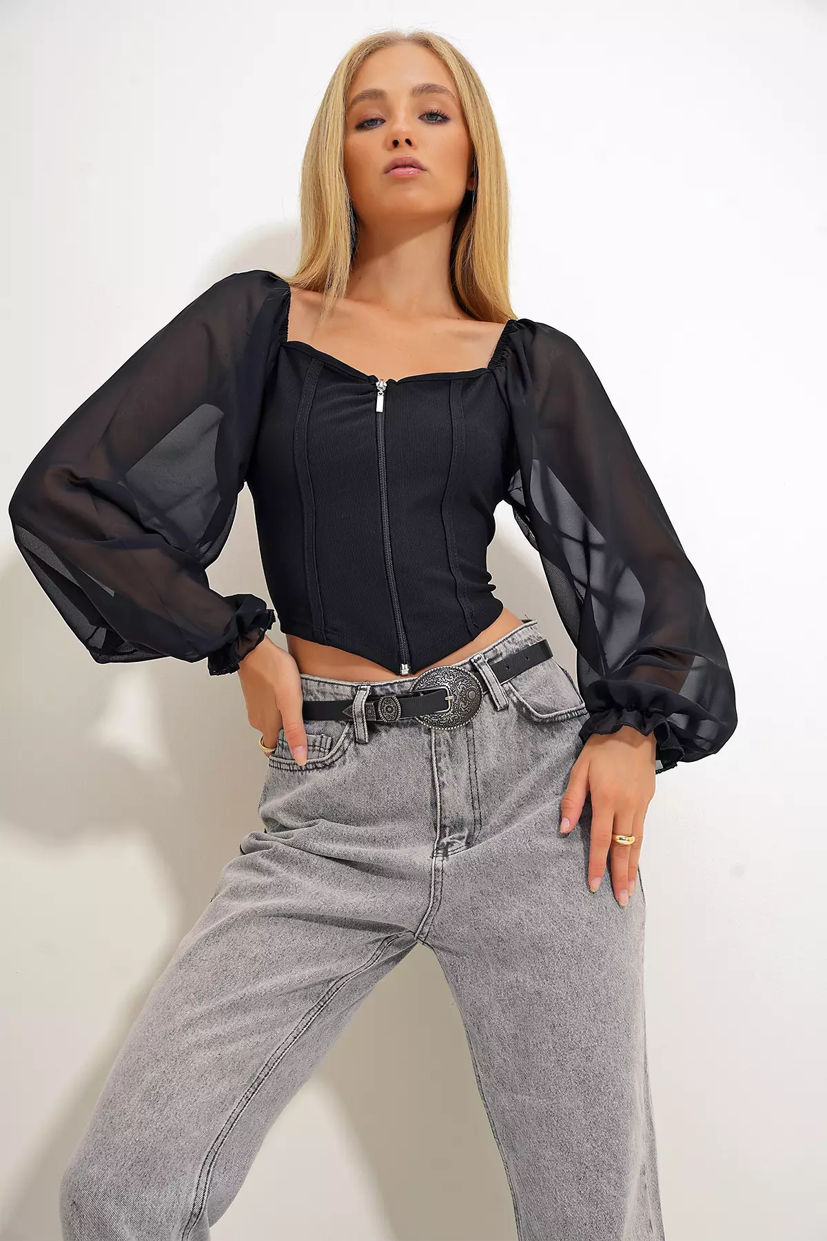 Puff Sleeve Top with Zipper