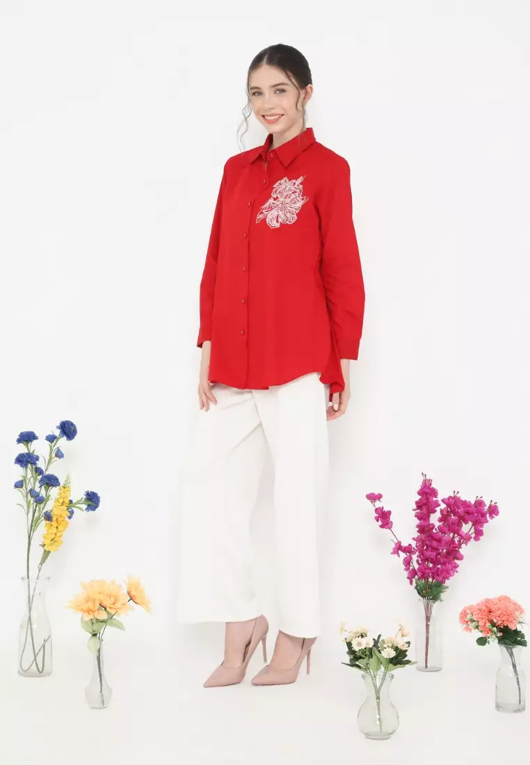 Red embroidered shirt for Independence Day By Brilliant Girl Warna MERAH