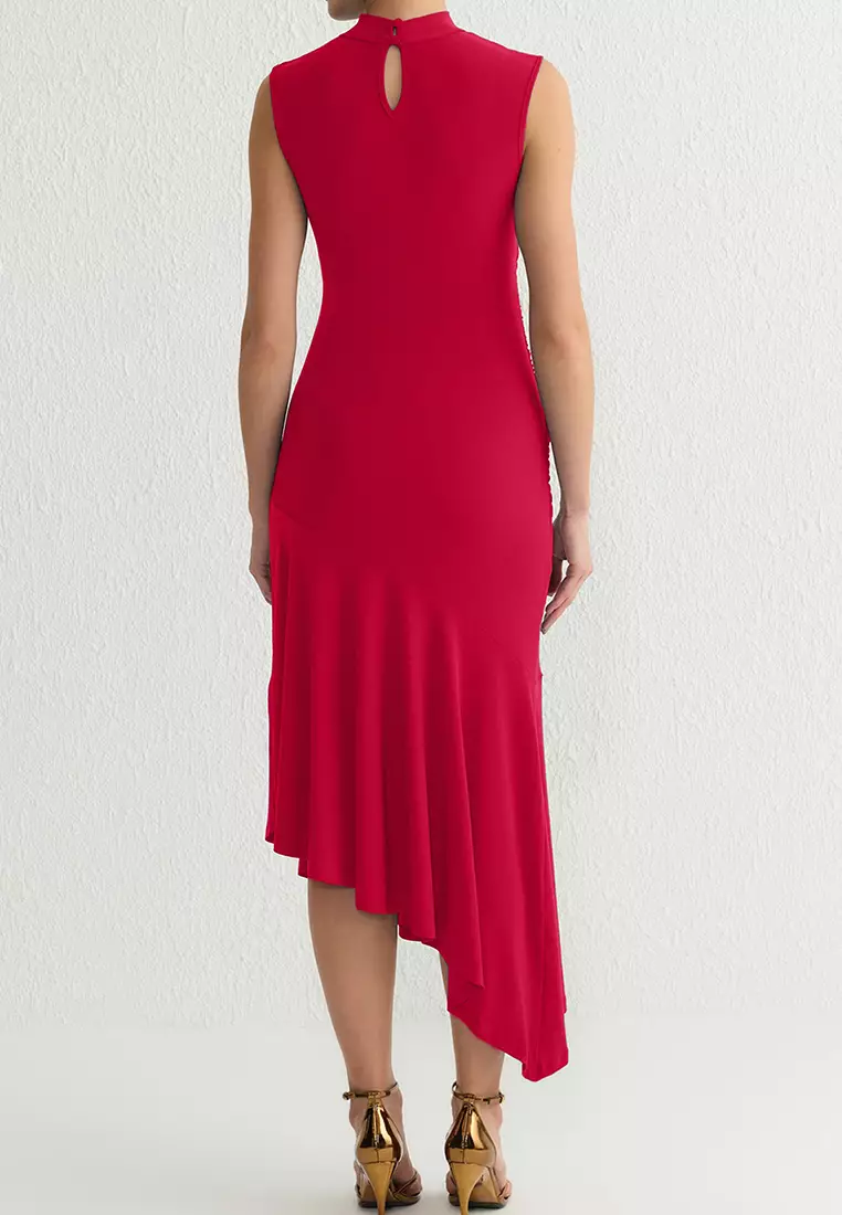 Red Hem Ruffle Detail Knitted Stylish Evening Dress