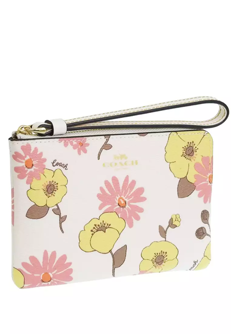 Corner Zip Wristlet With Floral Cluster Print - White/Multi
