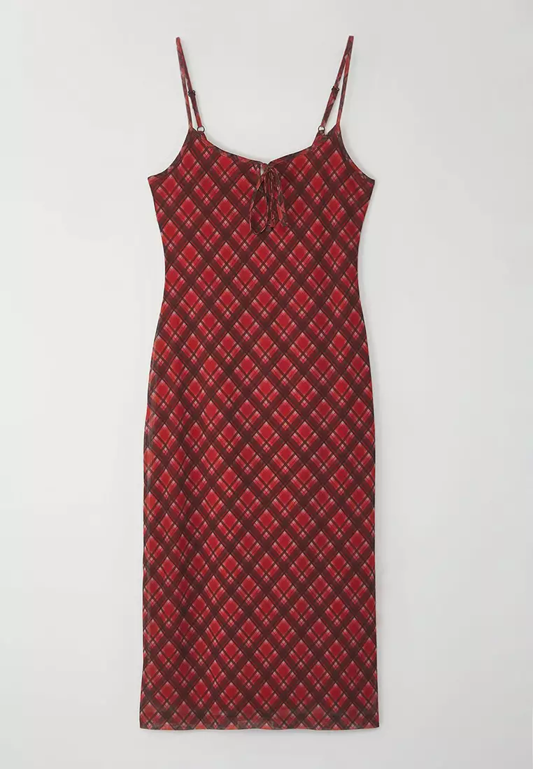 Red Tie Detail Plaid Tulle Maxi Stretch Knit Dress Twoss25El00468