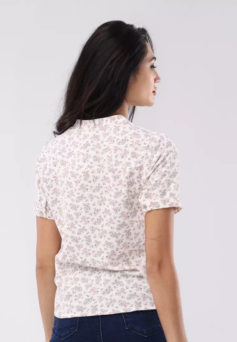 Linen Wrinkles Short Sleeves Chinese Collar Blouse