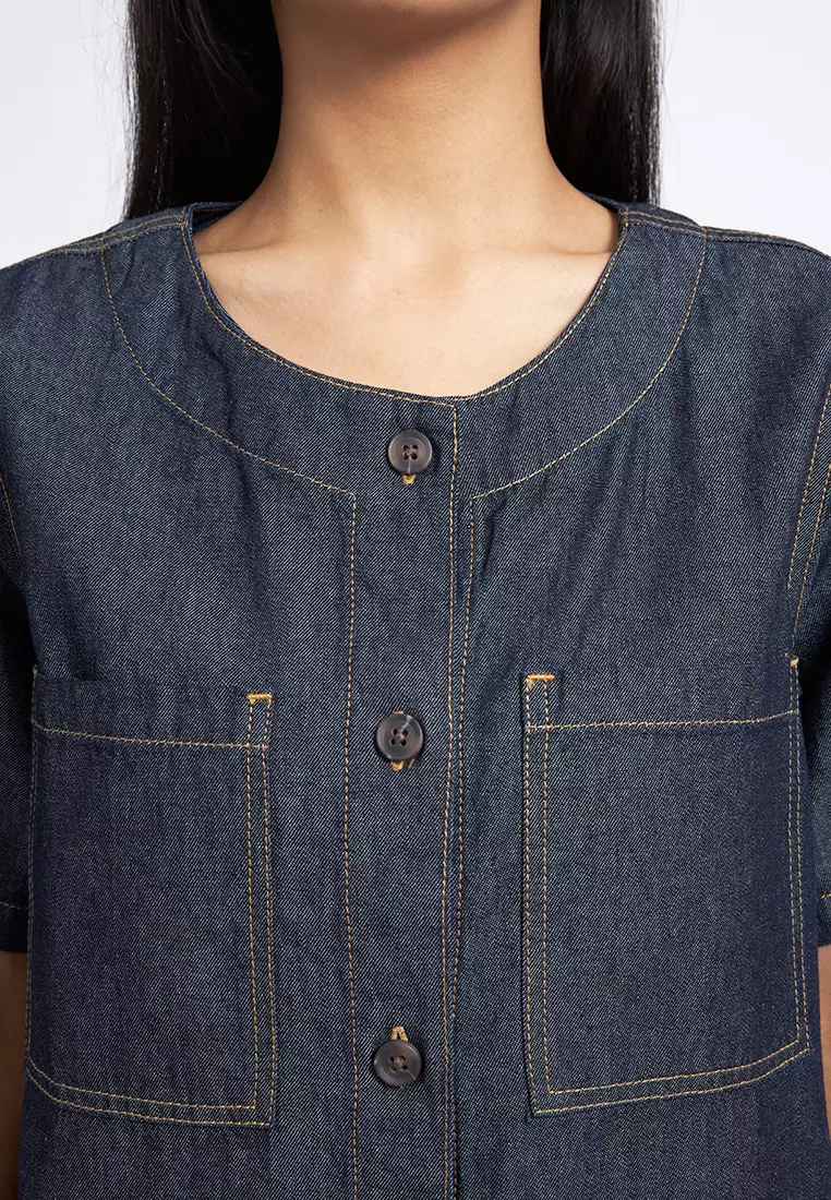 Boxy Denim Blouse with Pocket
