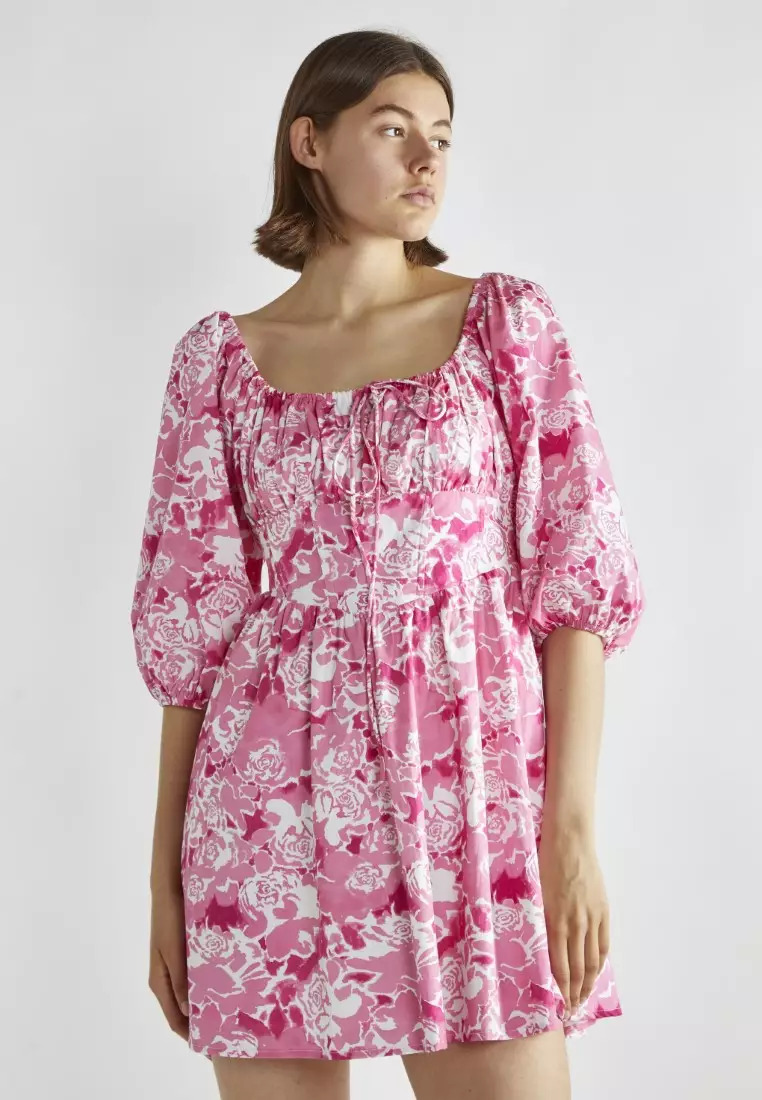 Scoop Neck Puff Sleeve Mini Dress