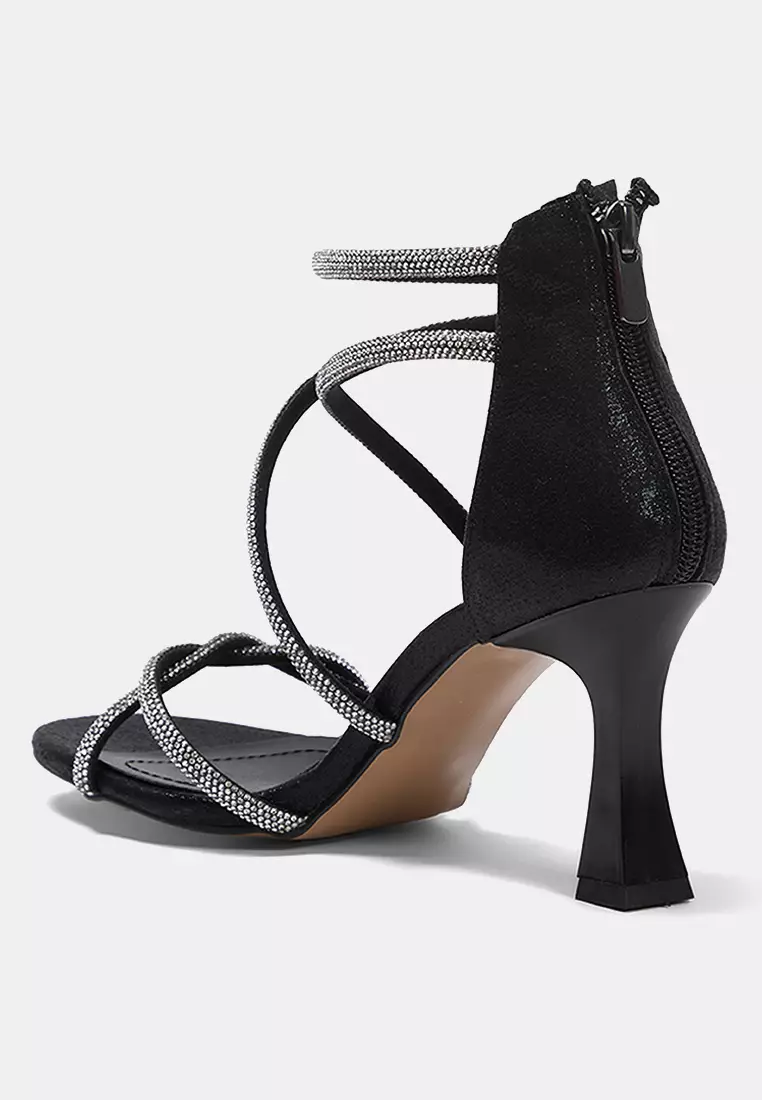 Black Rhinestone Back Zip Thin Heeled Women's Evening Dress Heeled Shoes Takss25To00006
