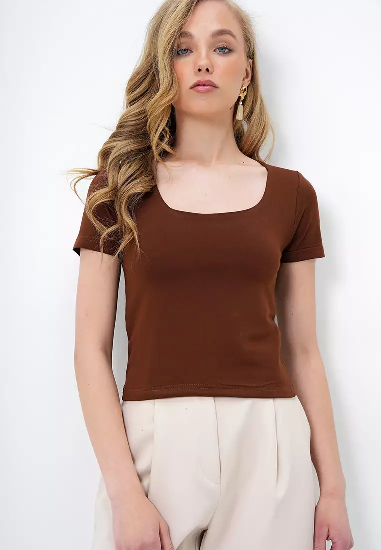 Women's Bitter Brown Square Neck Lycra Jumpsuit Double Fabric Crop Blouse Alc-X13903